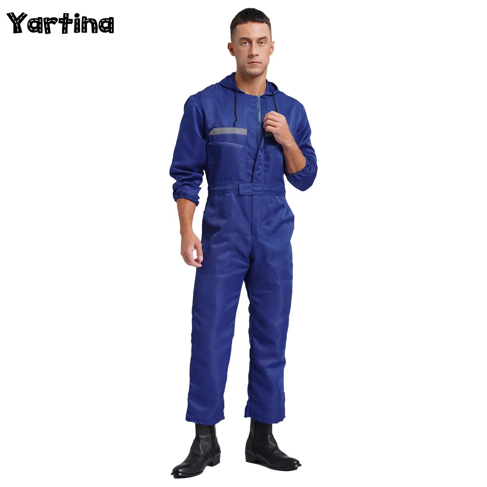 Mens Reflective Stripes Hooded Coverall Long Sleeve Zipper Jumpsuit Factory Workshop Garage Labor Overall Uniforms with Pockets