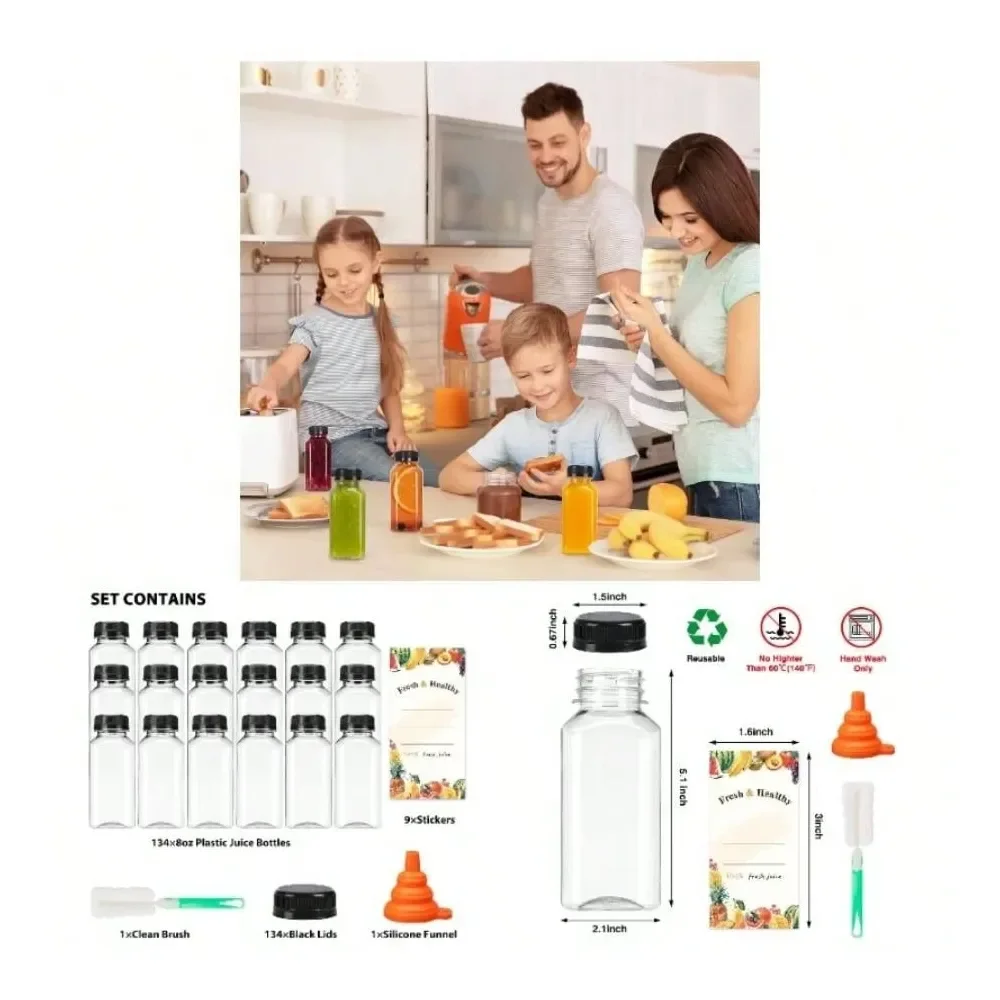 Botellas de plástico de 8 oz con tapas, botellas reutilizables vacías, recipientes desechables para bebidas, zumos, batidos, leche de cúrcuma y más.