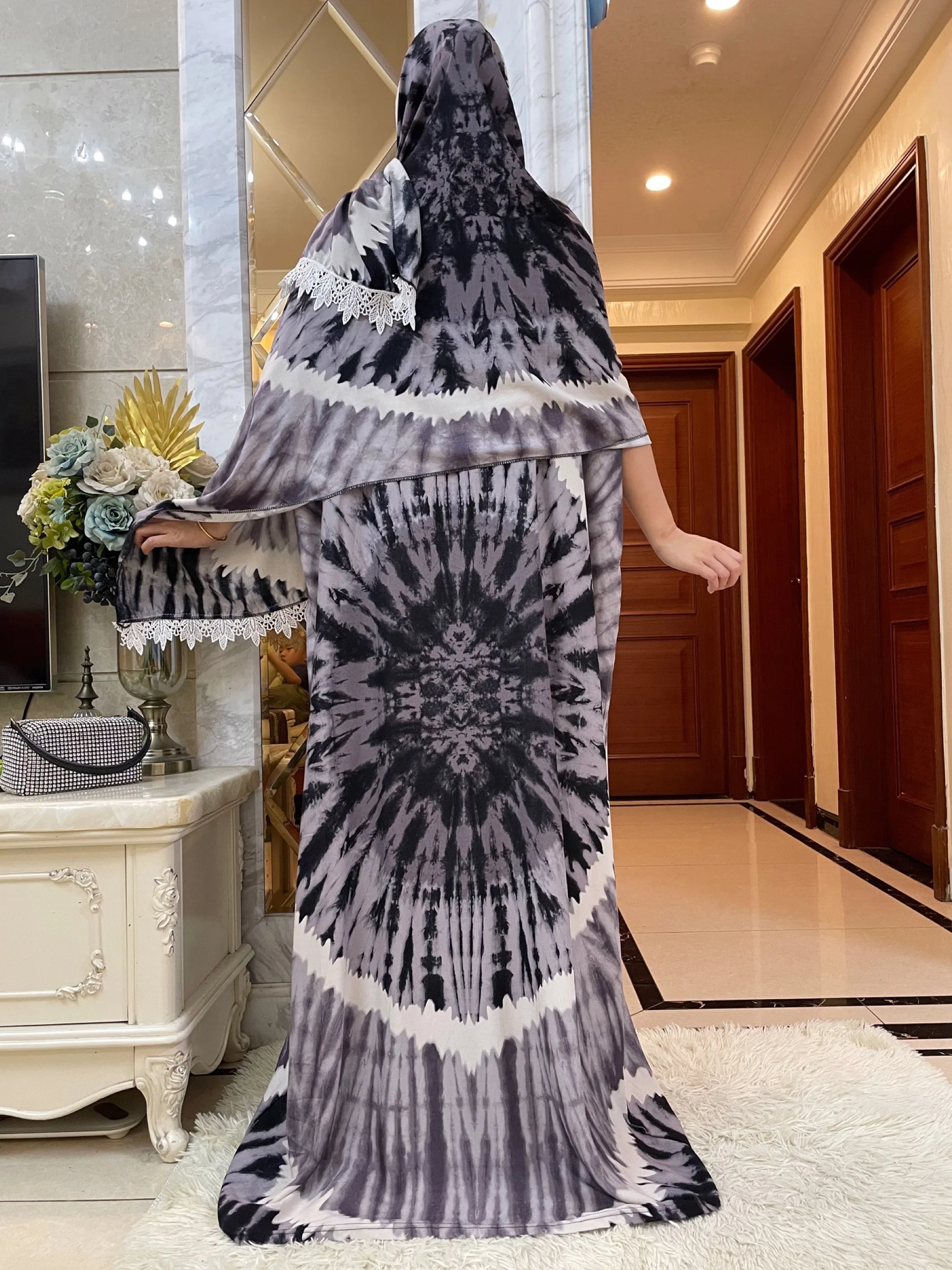 New Muslim Cotton Fabric Dresse With Big Scarf For Women Dubai Summer Short Sleeve Femme Elegant Robe African Traditional Abayas