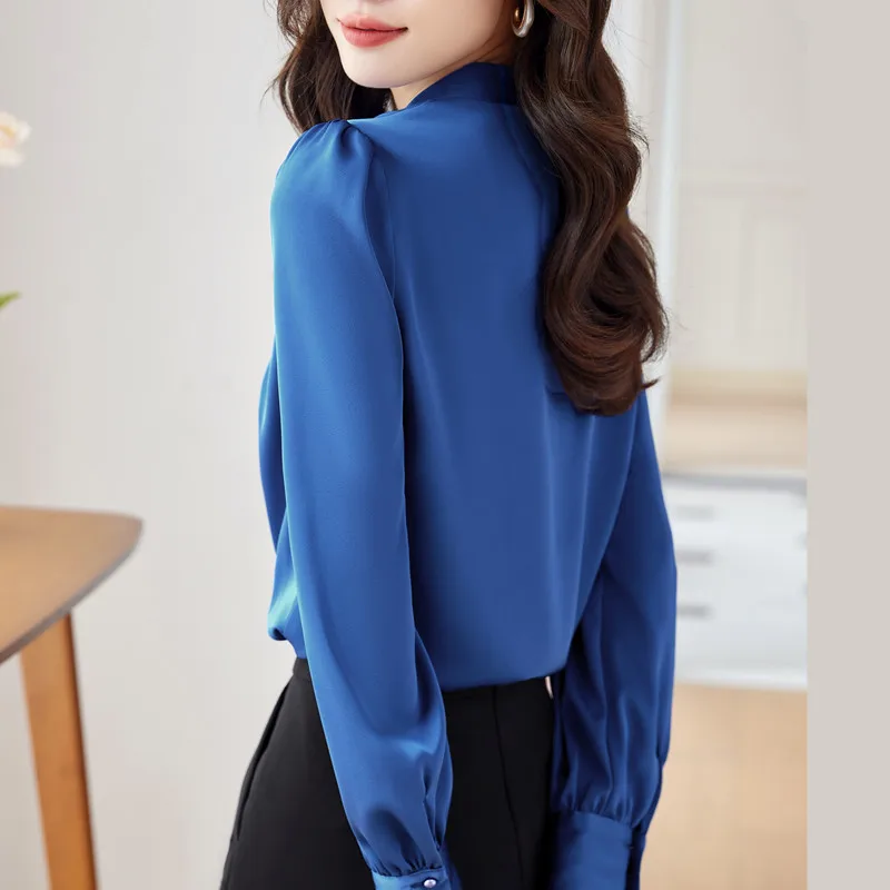 NAVIU Blue Chiffon Shirt Women Long Sleeve Fashion Professional 2023 New Embroidered Flares V Neck Loose White Blouses Work Tops