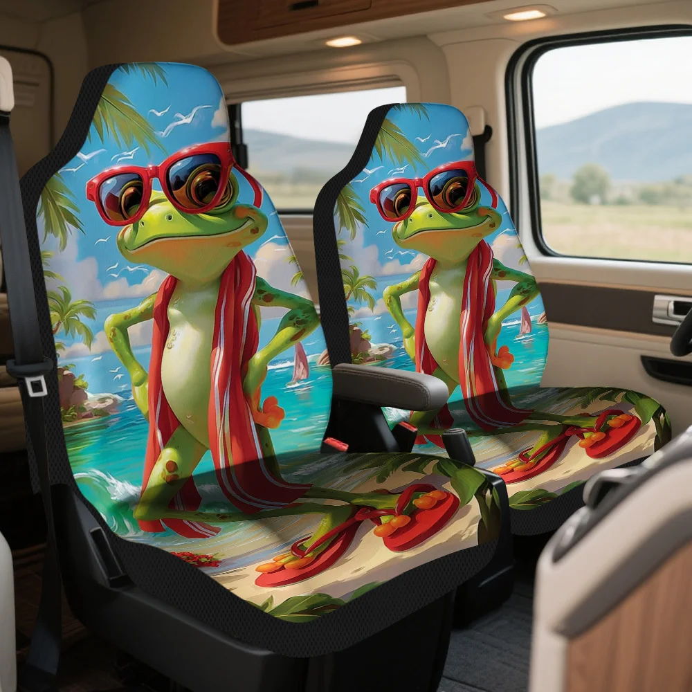 Set Of 2 Summer Frog Vacation-Themed Car Seat Covers – Universal Front Seat Protectors For Cars, Suvs, And Sedans, Improve Drivi