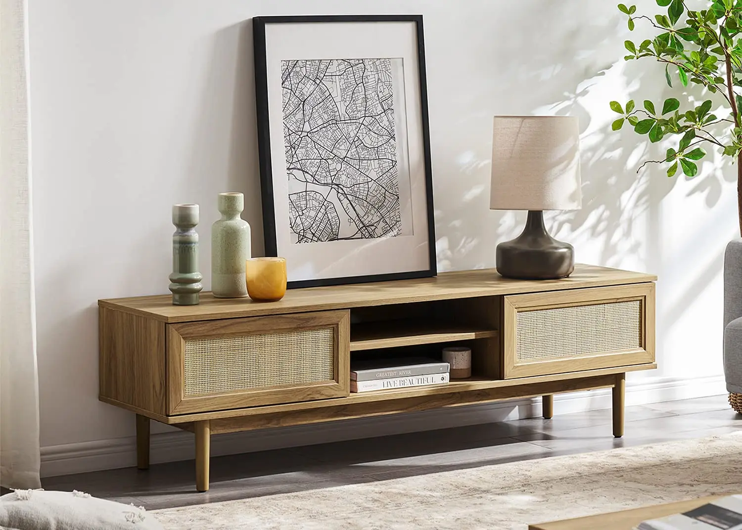 Modern Farmhouse TV Stand Rattan Storage Media Console 55-65 inch Living Room Bedroom Oak 59