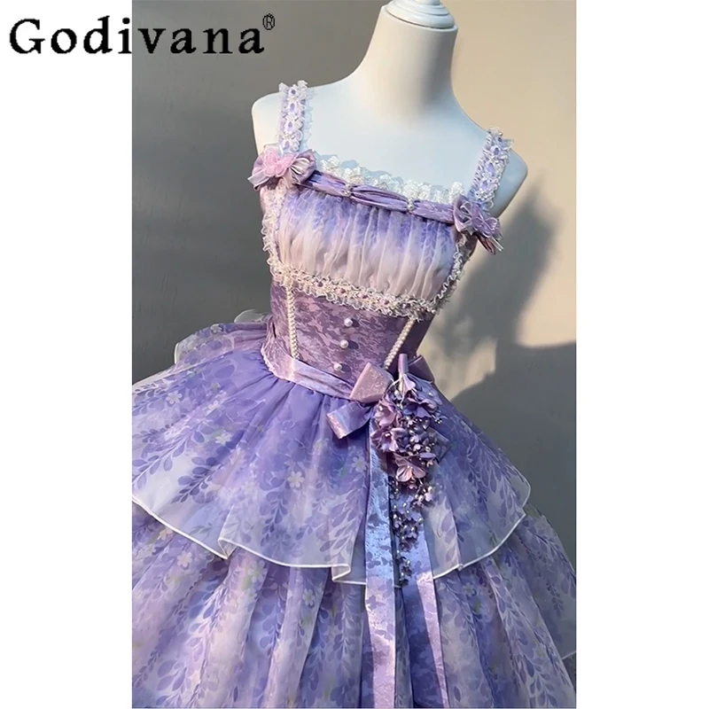 Lolita Purple Suspender Dress for Girls Student Day Bar Mitzvah Party Dress Women's Summer Art Exam Host Princess Dress