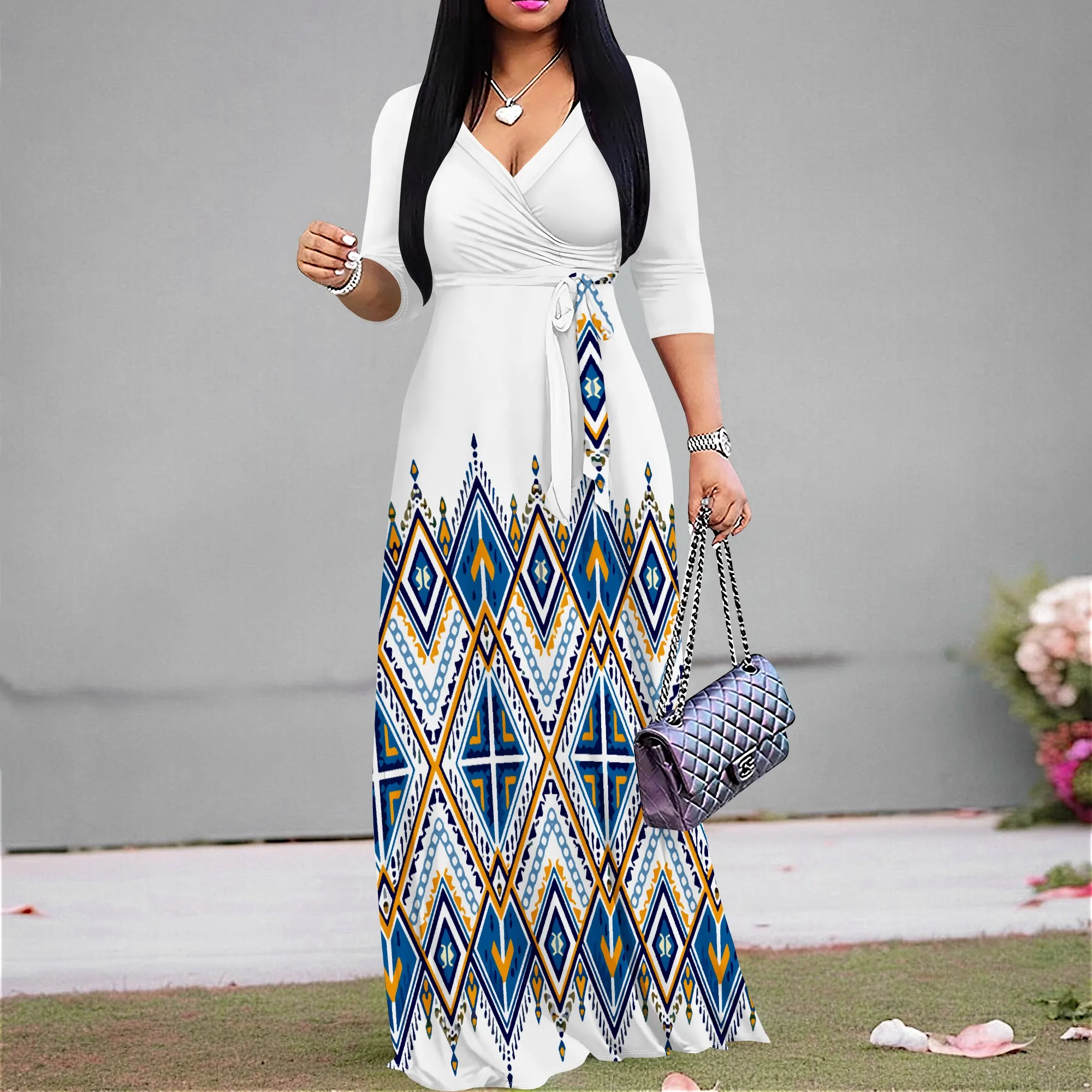 

Loose Fit Maxi Dress Women Casual Printed Hawaii Vacation V Neck 3/4 Sleeve Loose Fit Long Dress