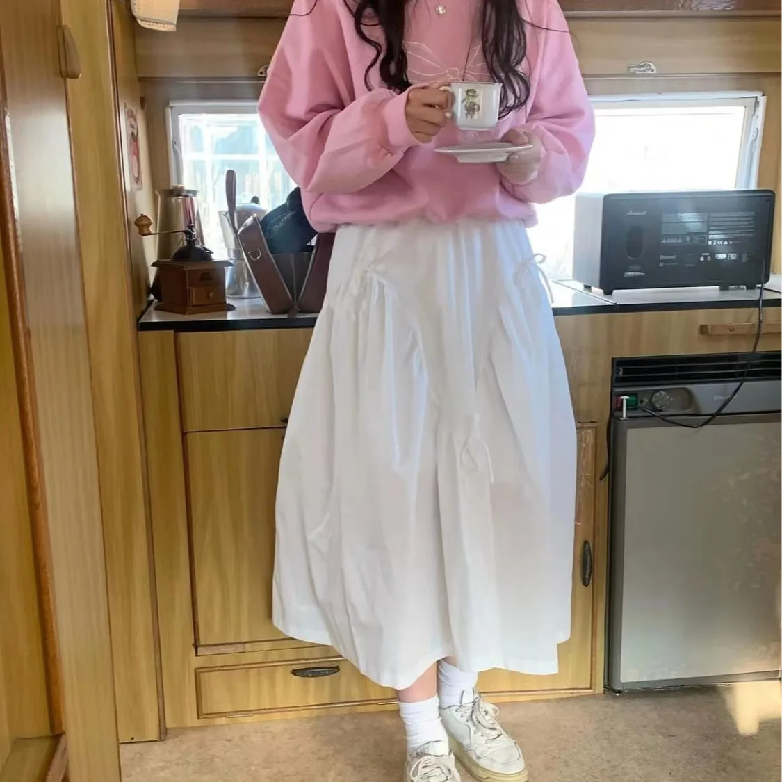 Chic Korean Style A-Line Midi Skirt with Belt High Waist Fashionable Versatile Spring Autumn Season Commute Friendly