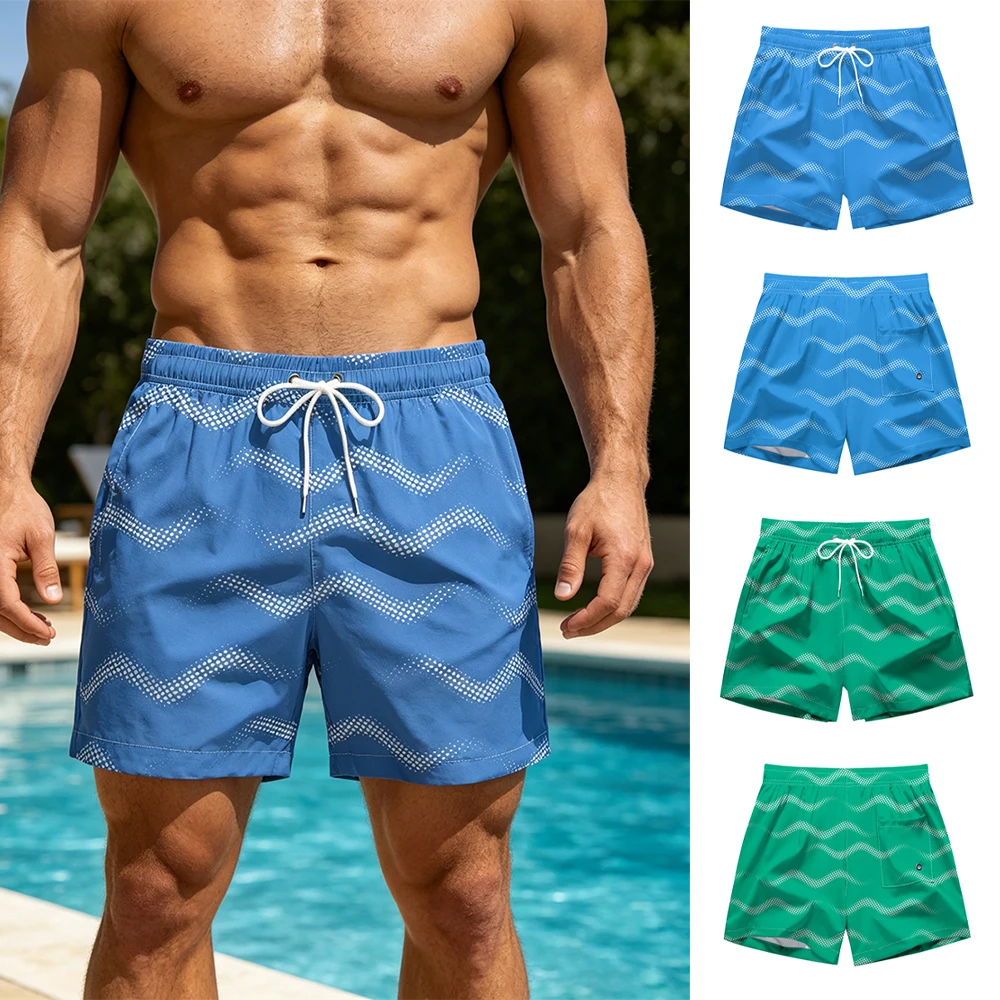 

Men's Wavy Pattern Casual Beach Shorts Quick Drying And Breathable Perfect For Summer Running Fitness TrainingWith Phone Pocket