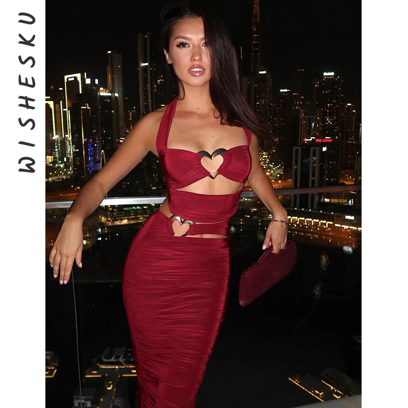 

Сексуальные укороченные топы с лямкой на шее для клубной вечеринки + модная юбка с длинными рюшами, одинаковый комплект из 2 предметов, летняя одежда 2025 г.