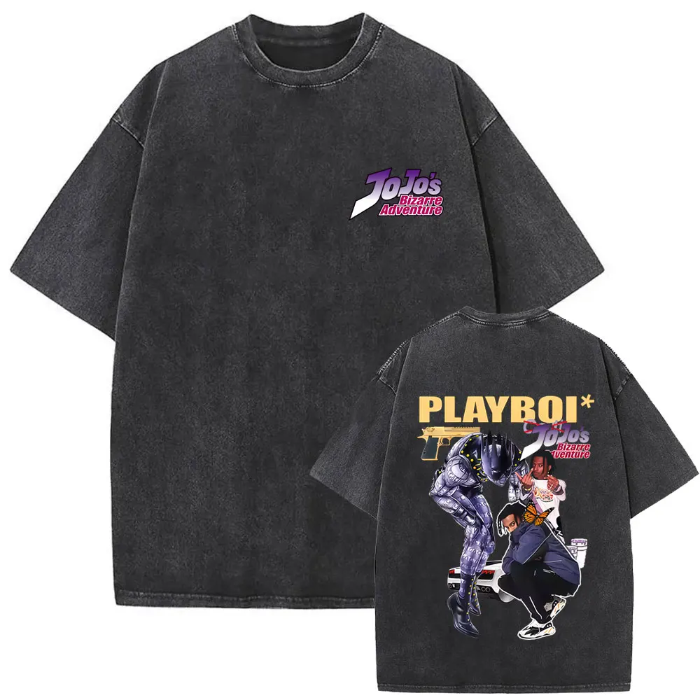 Anime Jojo's Bizarre Adventure STEEL BALL RUN Vintage Acid Washed T Shirt Manga Casual