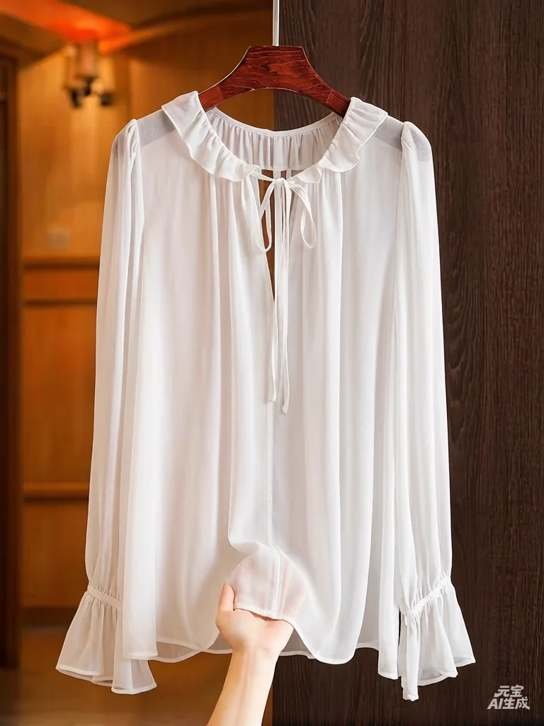 Spring Summer Ladies Lightweight Chiffon Long Sleeve Shirt plus Size Lace-Up See-Through Black Blouse Sexy 5XL Chiffon Top