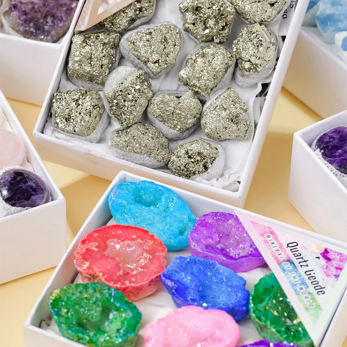 1set Natural Crystal Raw Stone Ore Specimen Set Box Amethyst Pyrite Kids Gift Living Room Office Crystal Stone Decoration Set