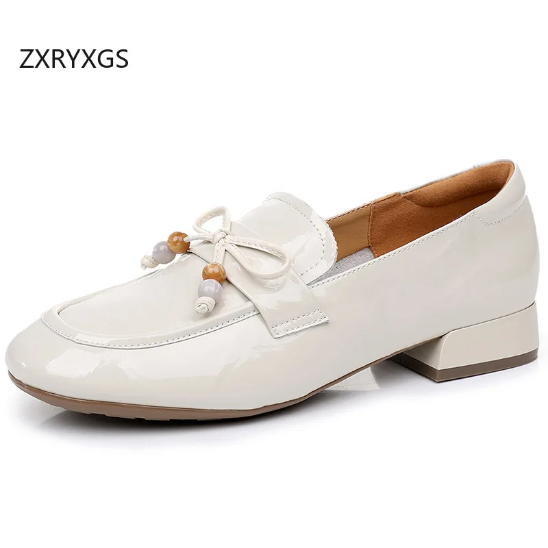 ZXRYXGS Sepatu Hak Rendah Wanita Kulit Sapi Asli Model Pita 2025 Musim Gugur Sepatu Modis dan Trendi Sepatu Kerja Kantor Sepatu Pesta