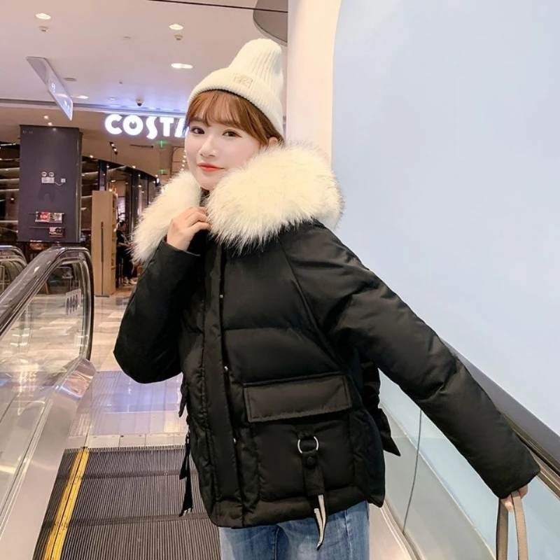 -30 Degrees Down Cotton Jacket for Women in Winter Short Korean Version Large Fur Collar Thick Hooded Loose Coat Female Overcoat