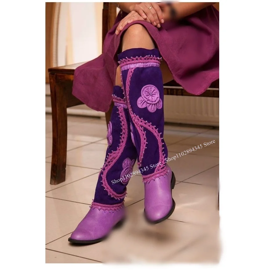 Purple Knee High Flower Patchwork Boots Lace Up Fashionable Sexy Cool 2024 Winter Casual Big Size Woman Shoes Zapatillas Mujer