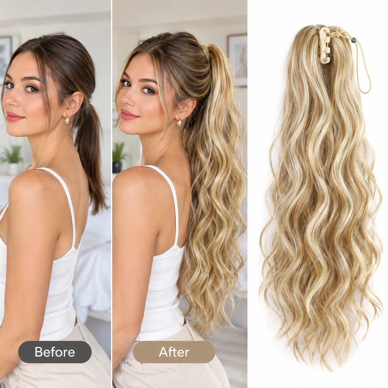 22Inch Water Wave Claw Clip Ponytail Extension Long Wavy Synthetic Hairpiece High Temperature Fiber Full Natural Look for Women