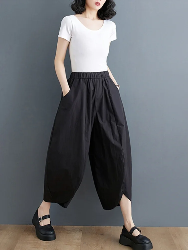 XITAO Women Wide Leg Pants Irregular Solid Color Elastic Waist Pocket Pleated 2024 Summer Ankle Length Pants Elegant WLD16705