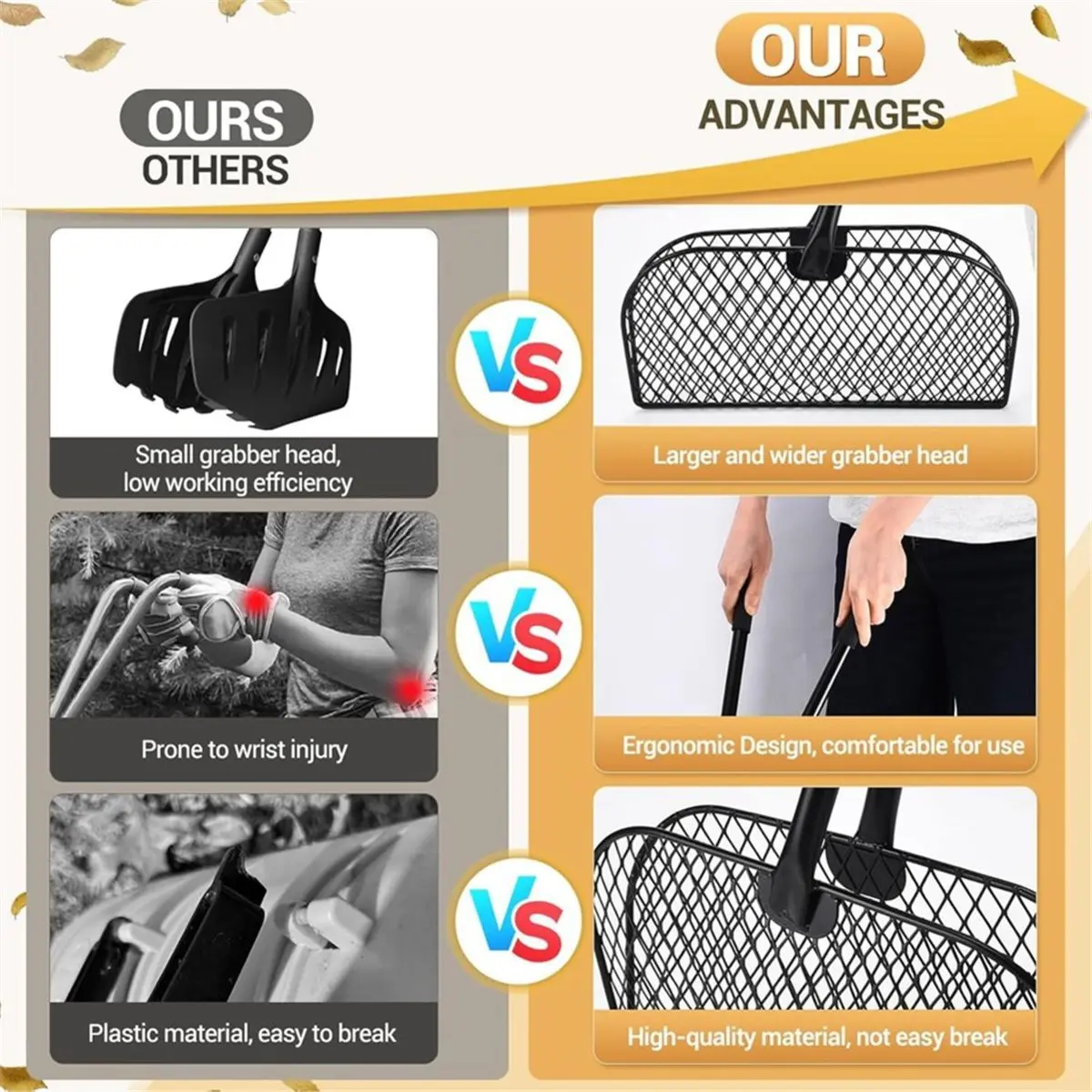 Leaf Grabber Rake with Long Handle,Metal Leaves Rakes, Leaf Collector for Gardening, Leaf and Grass Picker Upper
