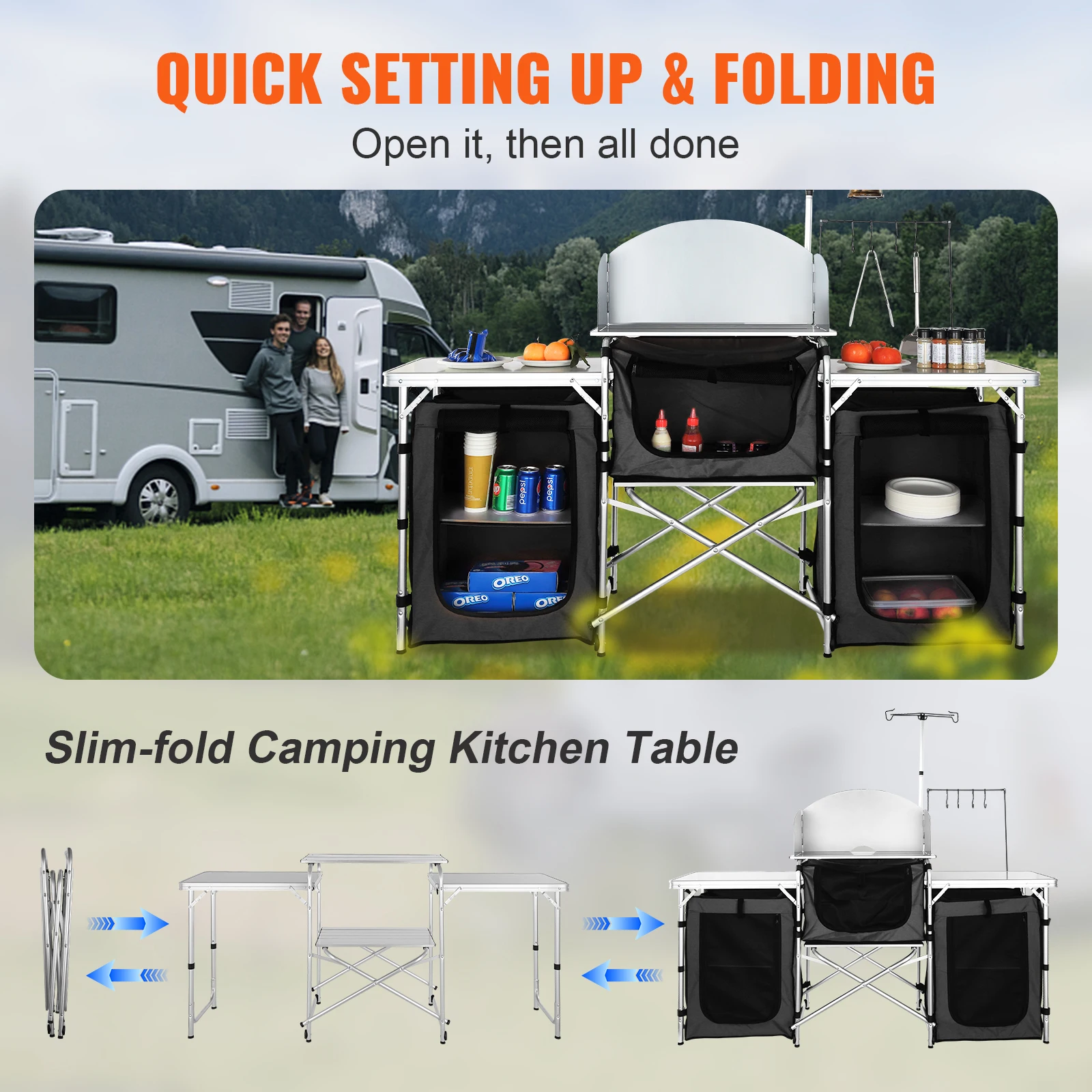 SucceBuy Camping Kitchen Table Cabinet Folding Cooking Storage Rack X-Shaped Aluminum Alloy Bracket for BBQ Picnic Garden Table