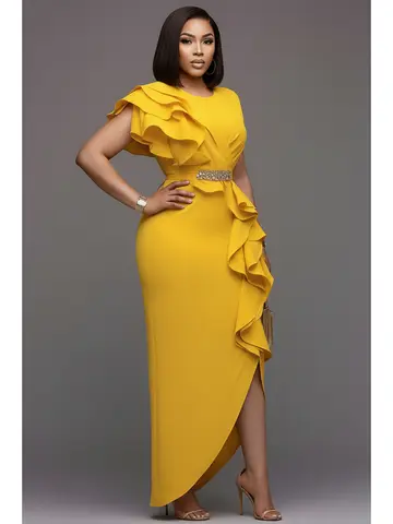 Women's Round Neck Ruffle Decor Split Maxi Bodycon Dress For Wedding Guest Banquet Evening Party Formal Fashion Occasions