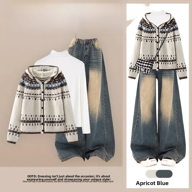 

Casual Knitted Sweater Set High Waist Jeans Bottoming Shirt Three Piece Set Autumn Leisure Style Vintage Hooded Knitwear