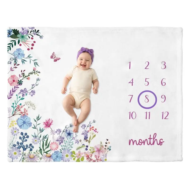 VIKAMA Watercolor Wildflower Baby Milestone Blanket, Floral Butterfly Print Newborn Photo Mat for Girls Nursery Decor