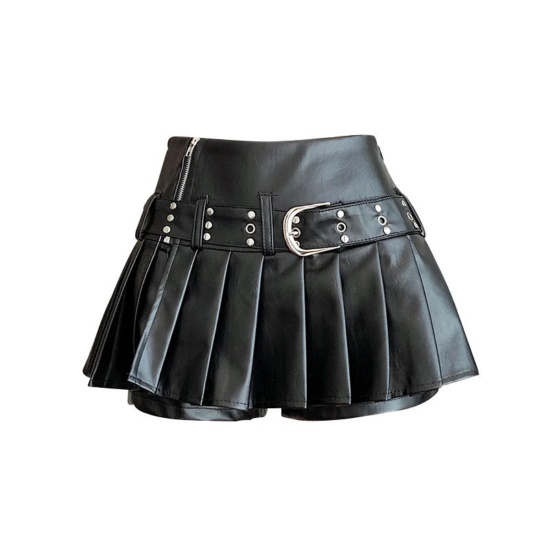 

Women's Black Gothic A-line Pleated Leather Skirt Y2k Mini Shorts Skirts Harajuku Korean Emo Skirt 2000s Vintage Clothes Summer