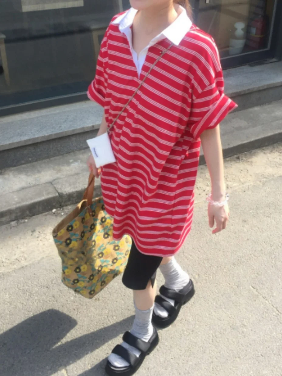 تي شيرت فضفاض كاجوال ort Sve مع ياقة رفيعة بتصميم مخطط كوري Sle بقصة مستقيمة للصيف للشابات