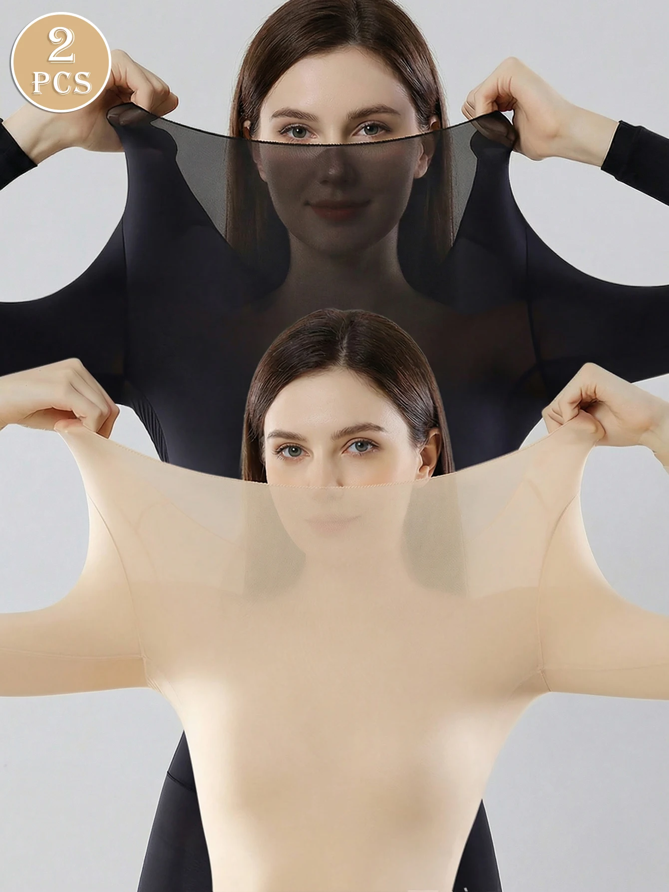 

Женский бесшовный топ с длинными рукавами, 2 шт., ультратонкий, высокоэластичный, с круглым вырезом, бежевый и черный, для осени и зимы