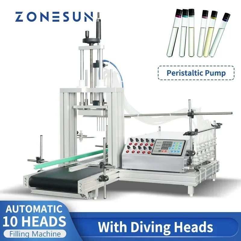 

ZONESUN 10 головок для дайвинга, машина для наполнения жидкостью, перистальтический насос, флакон, трубка, химические агенты, медицинские с конвейером ZS-DTPP10D
