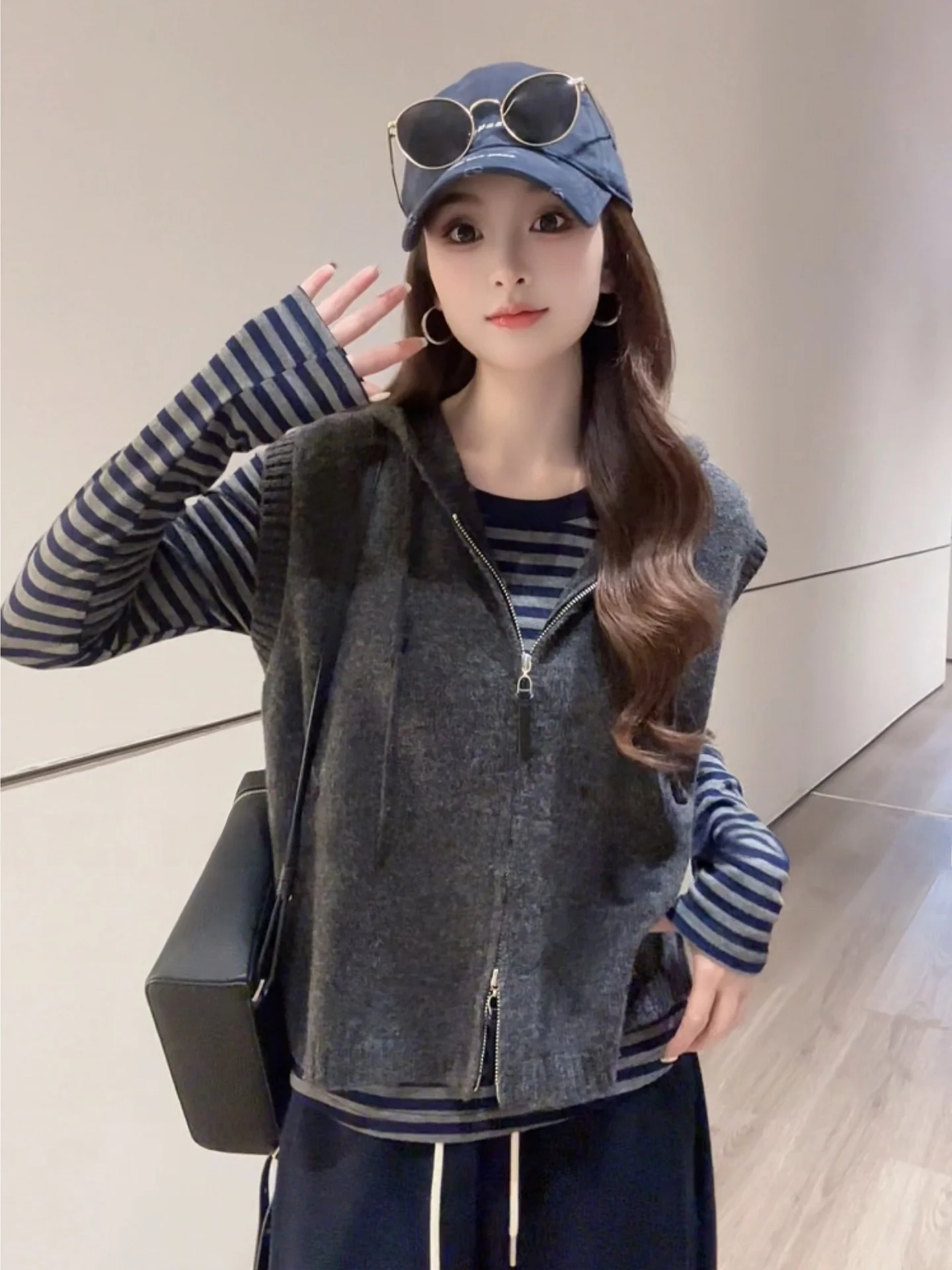 

Свободный цветной жилет с двойной молнией, вязаный топ Camere Long Sve, внутренняя одежда для осеннего сезона, многослойный