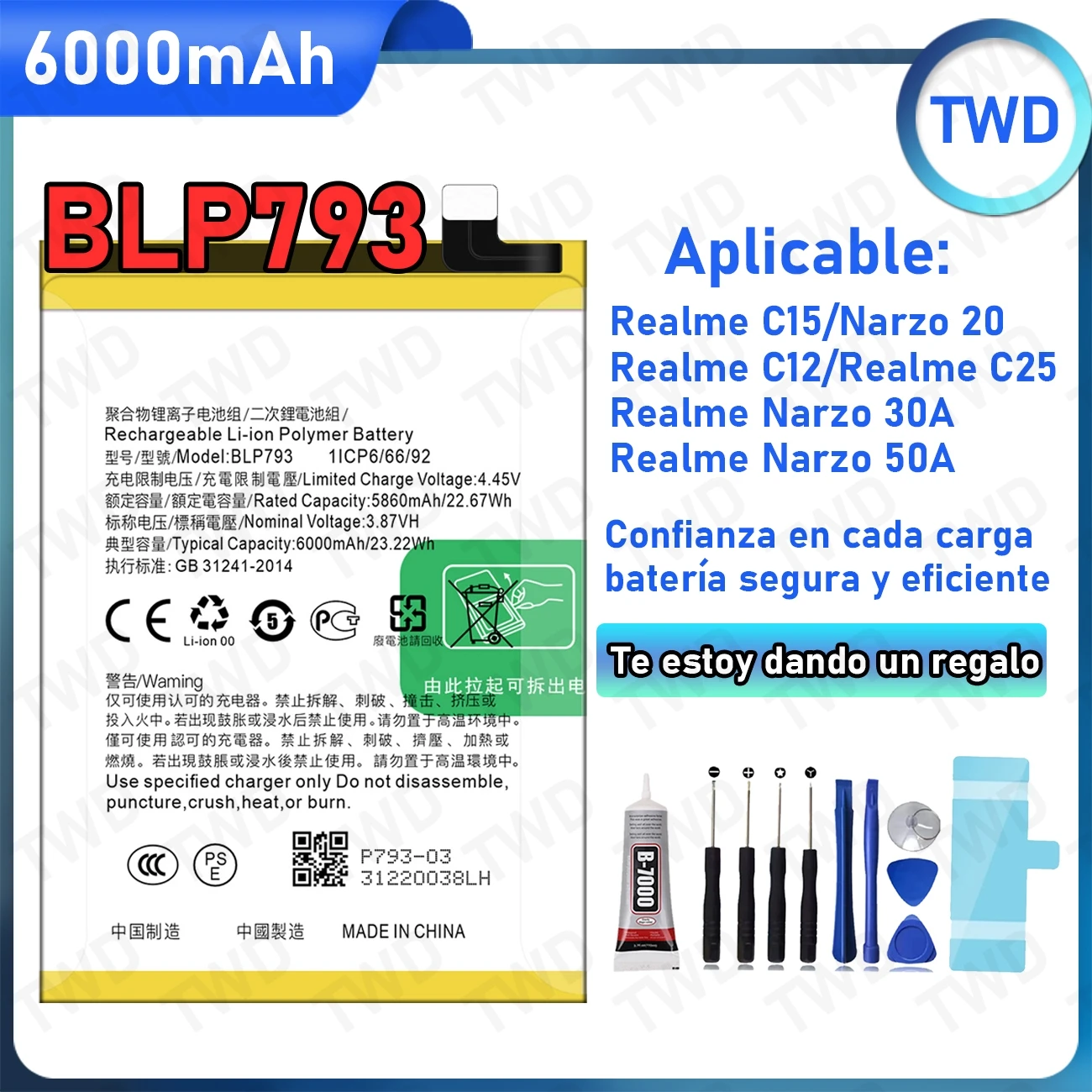 

BLP793 Large capacity Battery For OPPO Realme C15/C25/C12/Narzo 20/Narzo 30A Batteries New High Quanlity+Free Tools