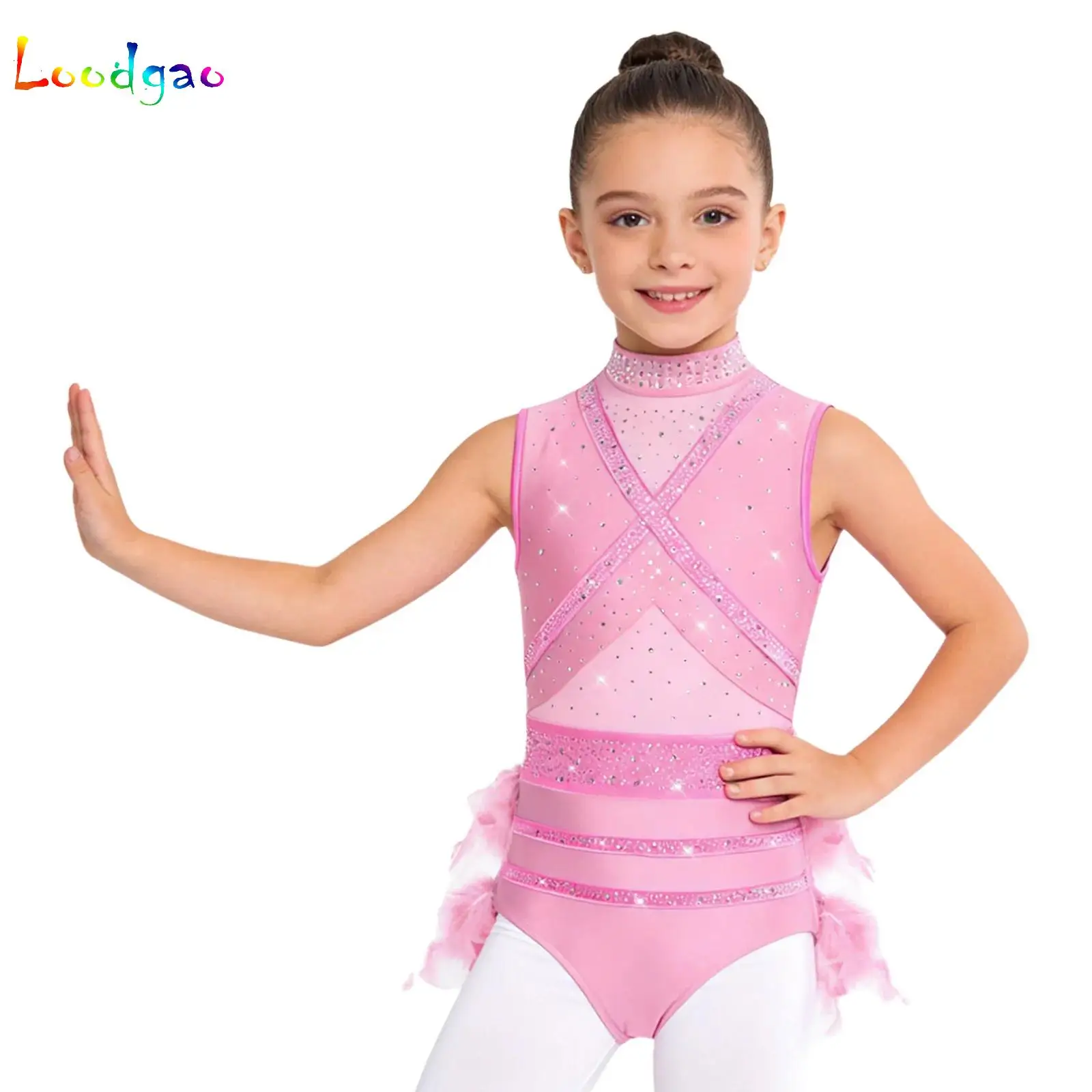 Kid Girls Feather Ballet Gymnastics Leotard Color Block Figure Skating Bodysuit Lyrical Dance Mesh Glittery Rhinestones Jumpsuit view 4