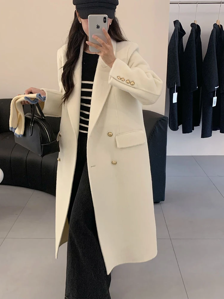 [LANMREM] Fashion Double Sided Woolen Coat Women\'s Notched Double Breasted Solid Color Casual Coats 2024 Autumn Winter New