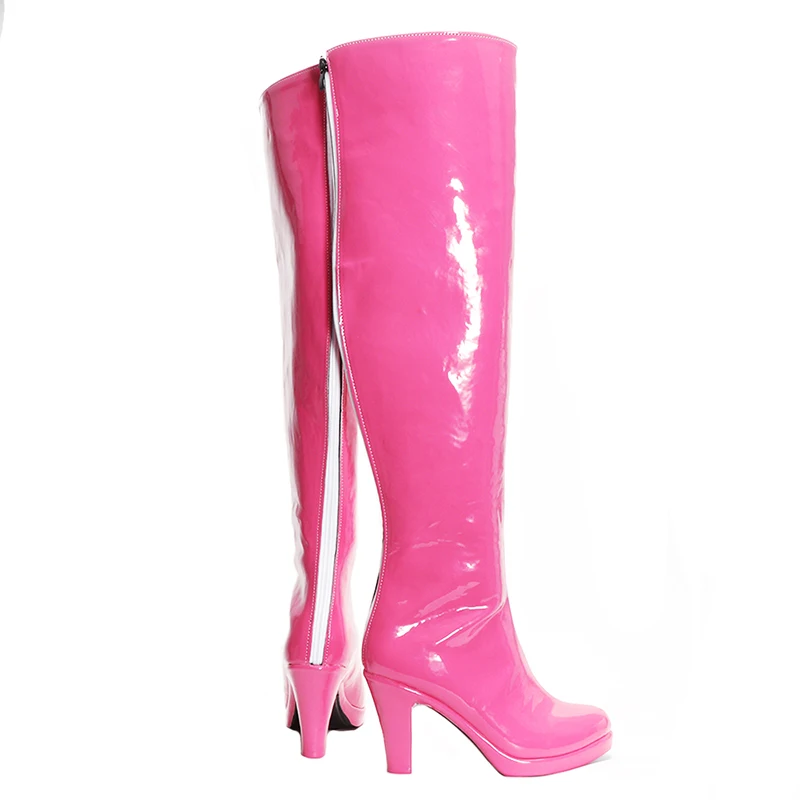 Chaussures de Cosplay en Cuir PU Rose, Bottes à Talons Hauts avec Fermeture Éclair, Longueur aux Genoux, Taille 35-46, Nouvelle Collection