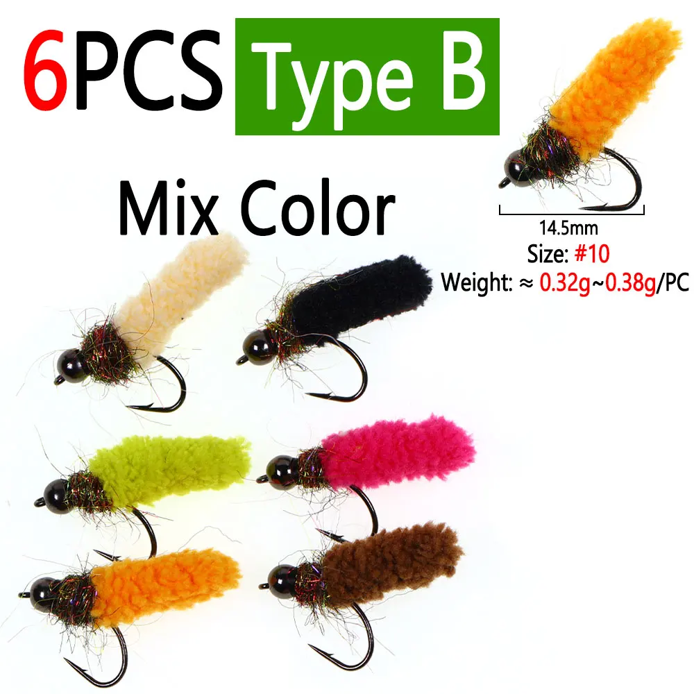 Bimoo 6 Stück Messing-/Wolfram-Kugelkopf-Mop-Fliegen, künstliche Kranichfliegen, Caddis-Larven, Nass-Jig-Nymphenfliegen für Forellen- und Fischgrälfischerei