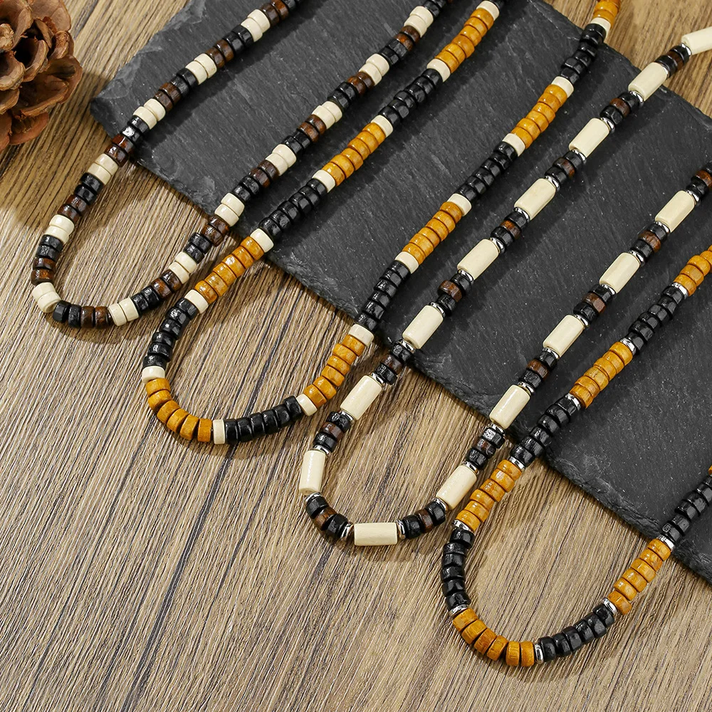 Vintage Herren Halskette aus schwarzen Holzperlen, Bohemian-Stil, Naturstein, Kokosnussschalen-Kette, modischer Schmuck, trendige Accessoires – Detail 4
