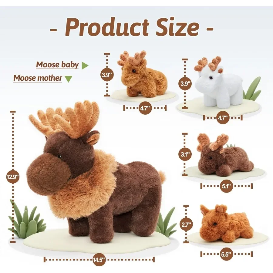 ชุดตุ๊กตาแม่กวางมูสและลูกกวาง 4 ตัว ขนาดใหญ่ 14.5 นิ้ว ของเล่นกวางคริสต์มาสเนื้อนุ่ม สีน้ำตาลครีม เหมาะสำหรับเด็กวัยเตาะแตะ