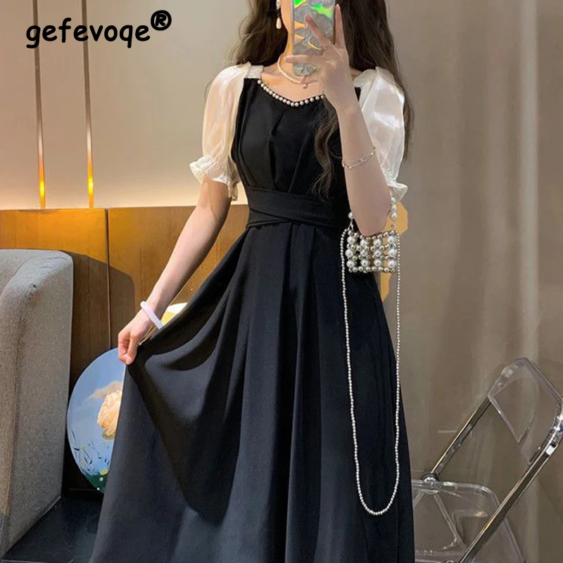 

Elegant Sweet Chic Beaded Puff Sleeve Party Dresses for Women Summer Fashion Patchwork V Neck Slim Lace Up Midi Dress Vestidos