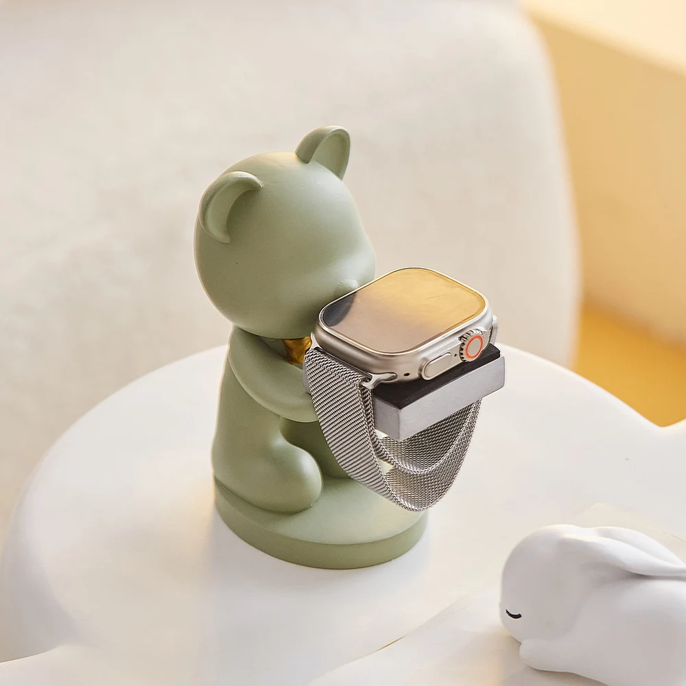 Cute Matcha Bear Watch Stand Office Workstation Desk Bedroom Decorative Ornament