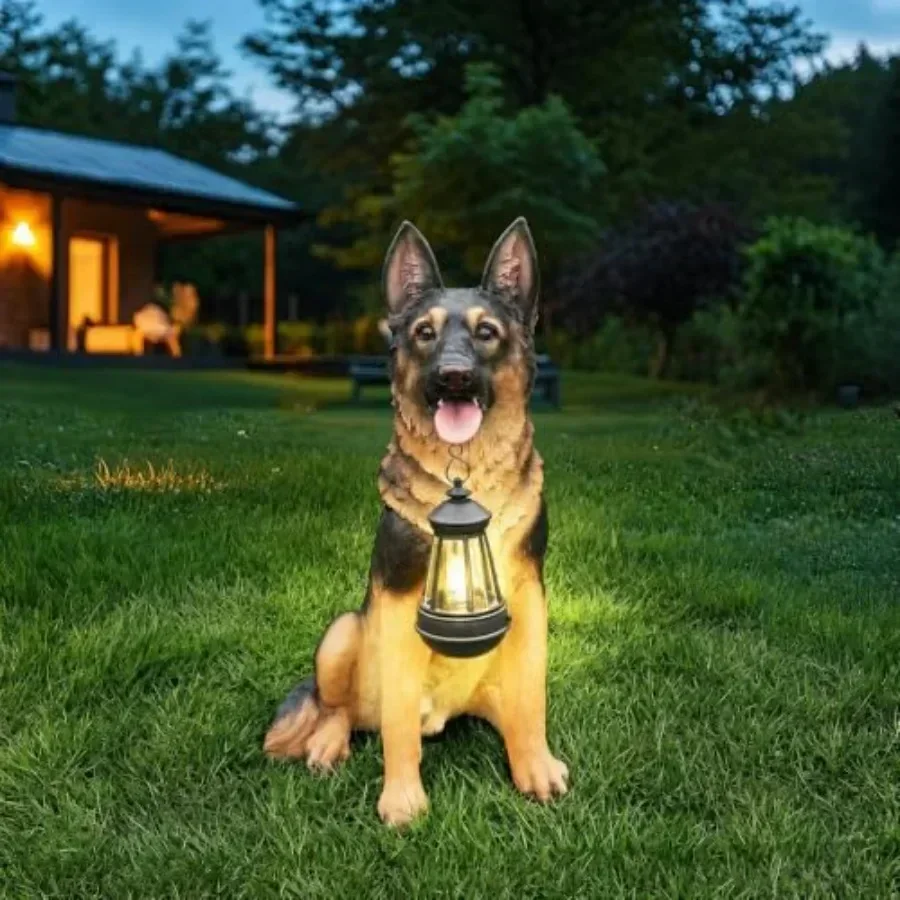 Garden decoration: realistic German Shepherd dog statue, polyresin material, gray and black color, weather-resistant and solar-