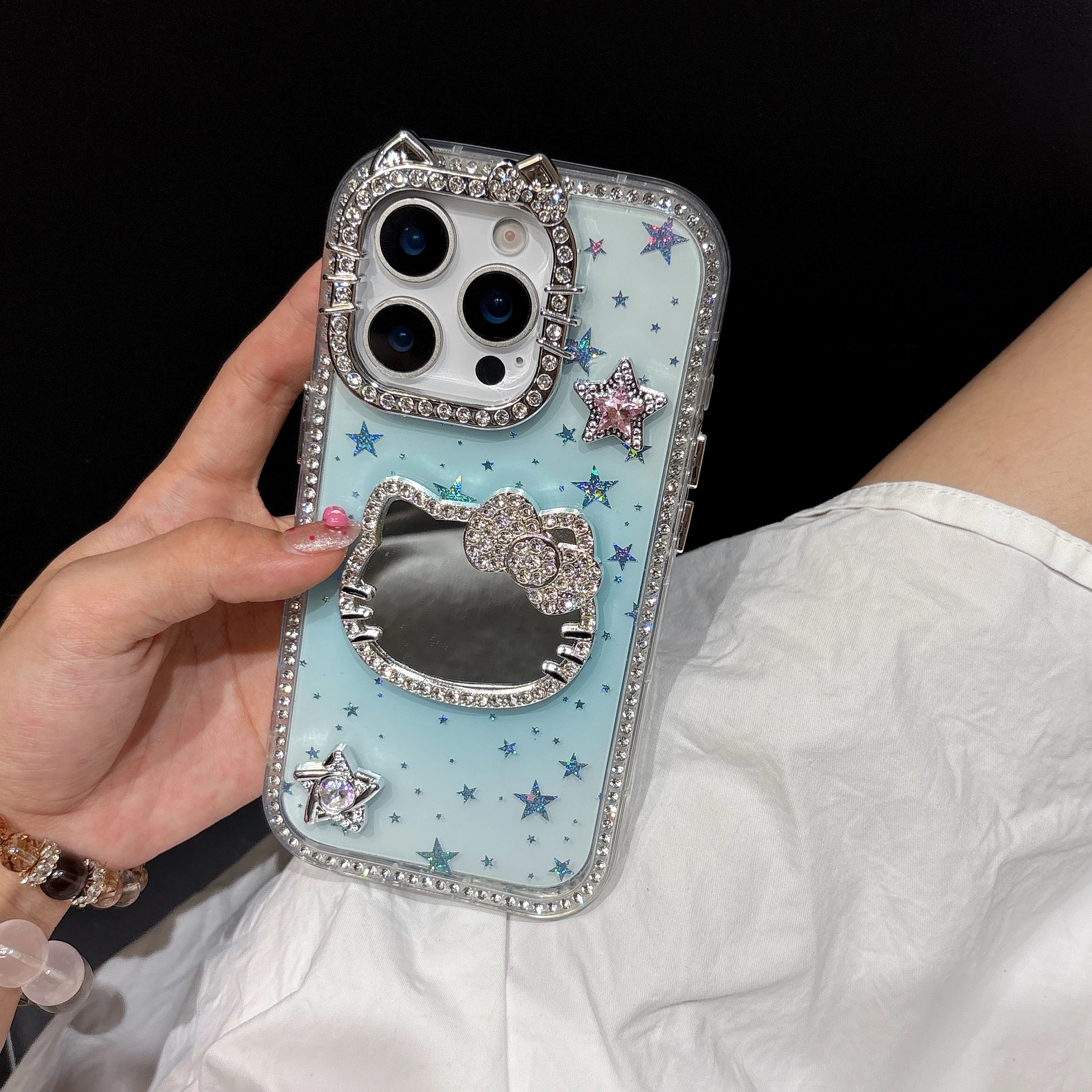 مرآة ماكياج بلينغ بريق نجوم جراب هاتف آيفون 16 15 14 13 12 برو ماكس للصدمات الصلب ثلاثية الأبعاد لطيف سانريو مرحبا كيتي غطاء #6