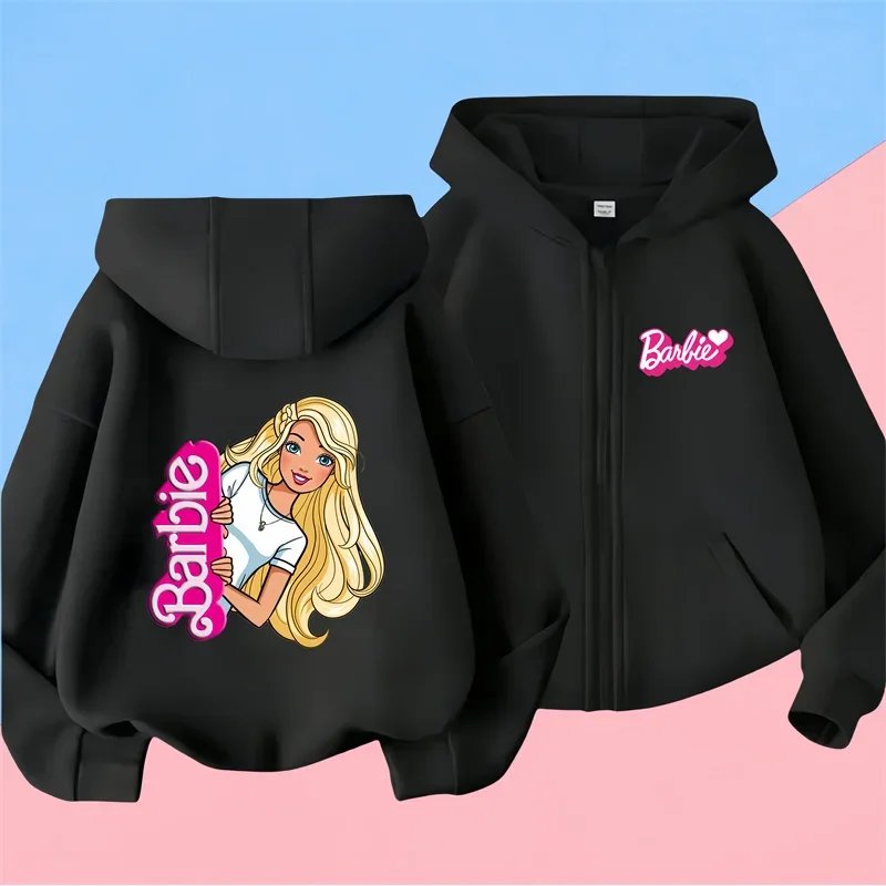 kawaii Barbie Pin Zipper Hoodie kids Girls Sweatshirt Fall Winter Long sleeve Harajuku Jumper Disney Pin Casual hoodie top