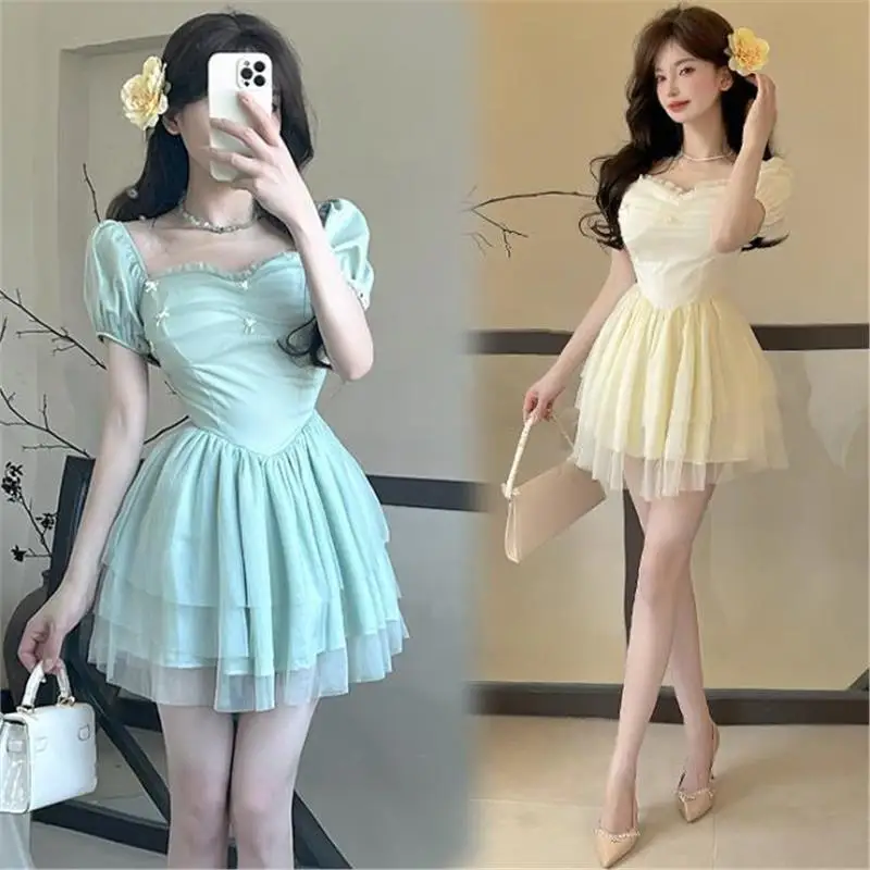 甘くてスパイシーなオルトスカート レディース 夏 ファッション スクエアカラー バブルスリーブ ウエストシェイプ ウルトラフェアリー パフスリーブ