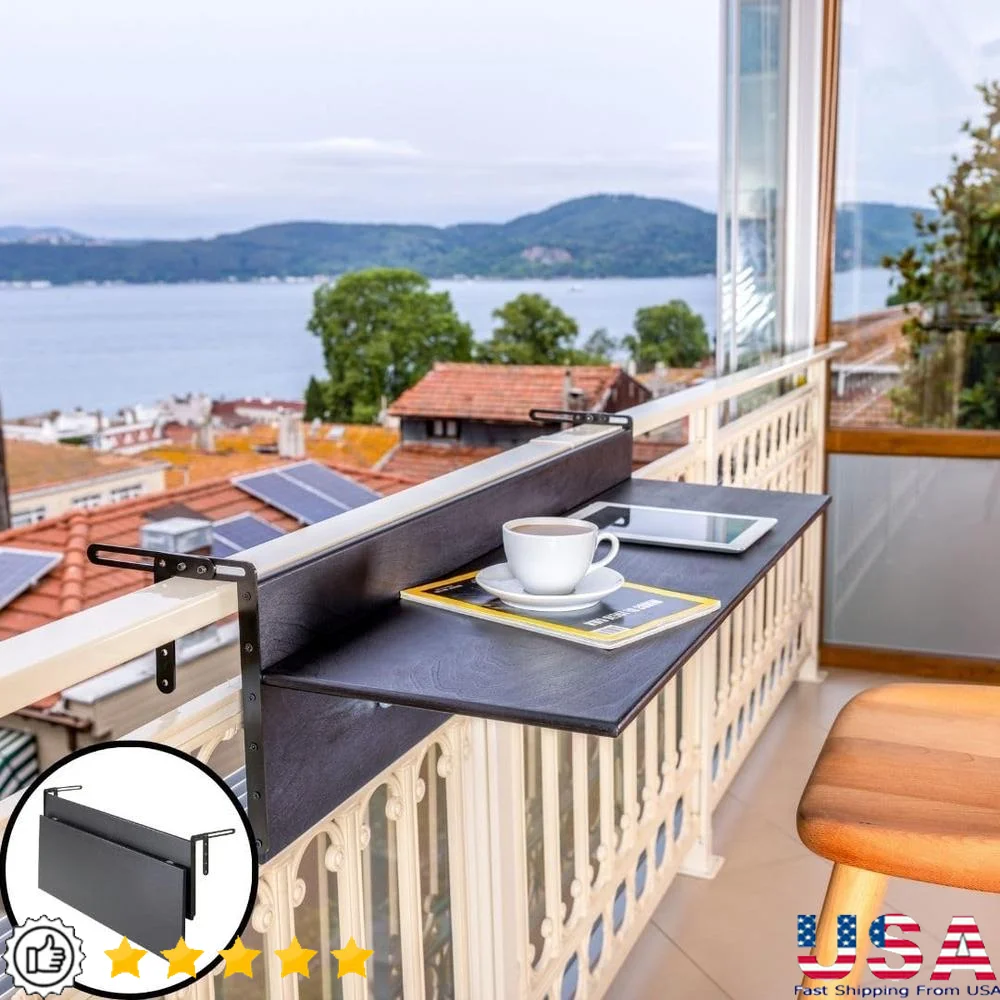 

Adjustable Folding Balcony Bar Table Hanging Desk Outdoor Rail Table Space Saver Compatible with Many Railings Drinks Food Decor