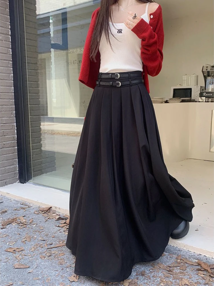 高品質 大きめスイングスーツスカート レディース エレガント Aライン プリーツスカート ベルト付き 韓国ファッション ブラック グレー ロングスカート 2025年新作