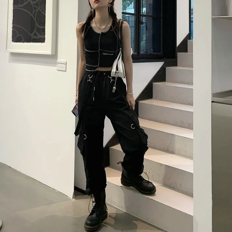 Harajuku Spring Summer Cargo Pants Women Streetwear Black Elastic Waist Casual Ankle Length Women's Pants