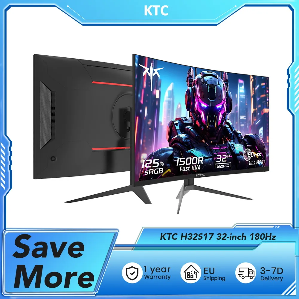 شاشة ألعاب KTC H32S17 مقاس 32 بوصة 2560x1440 QHD 180 هرتز HVA منحنية 1500R 300cd/m2 سطوع، 125% sRGB، 1 مللي ثانية (MPRT) وقت الاستجابة