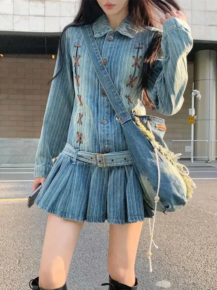 

Dress Belt Ruffles High Street Denim Mini For Women Vintage Waist Pleated Dresses Korean Chic Long Sleeves Dress