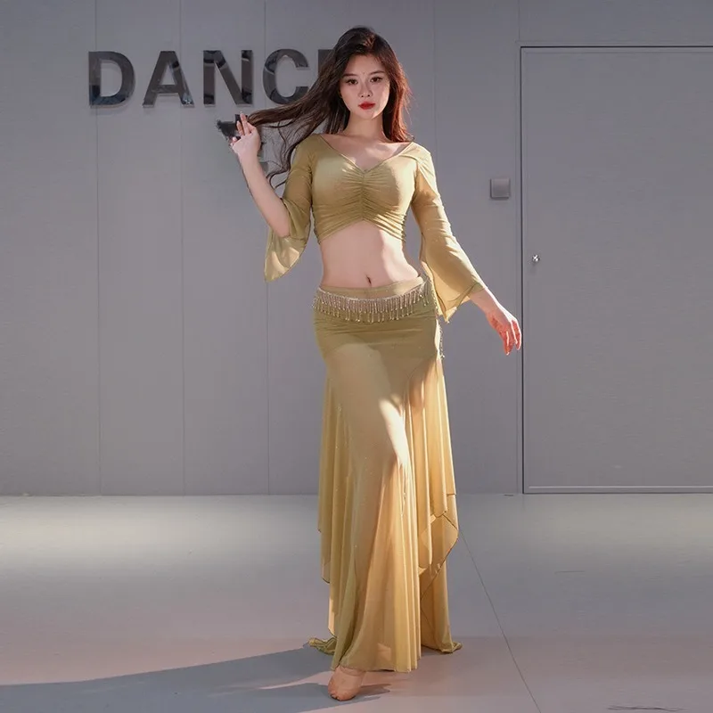 

Новый комплект для восточных танцев: сетчатое платье с рюшами и длинной юбкой для выступлений и тренировок