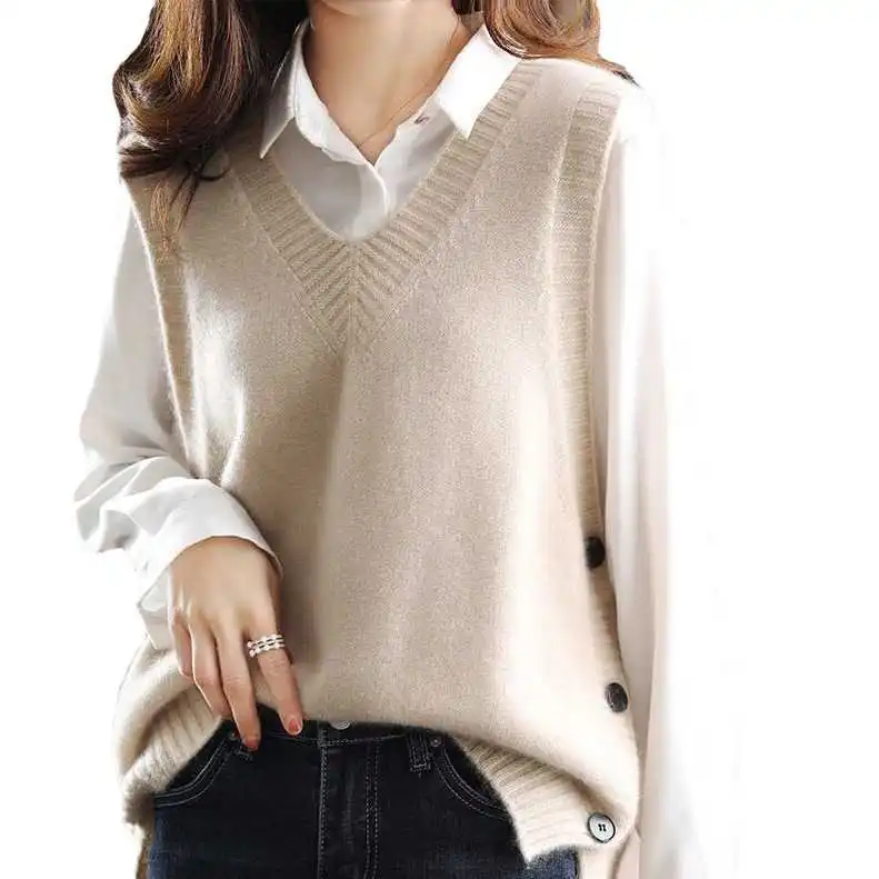Los gebreid truivest Dames Lente Herfst Bovenkleding V-Ne Vintage Sle Vest Geen knop Pure kleur Ander materiaal 00%