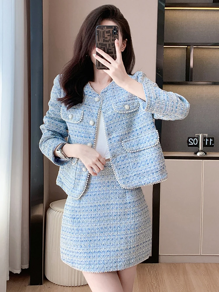 

Women Clothes Retro Blue Striped Tweed Outfit Lady Sweet Pearl Coat Tops Jacket Outwear And A-Line Short Skirt Mujer 2 Piece Set